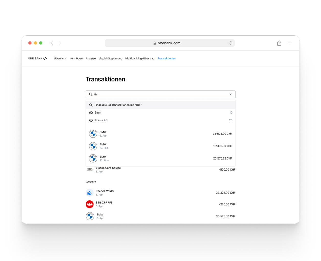 BFM Dashboard für Business Banking mit Advanced Search
